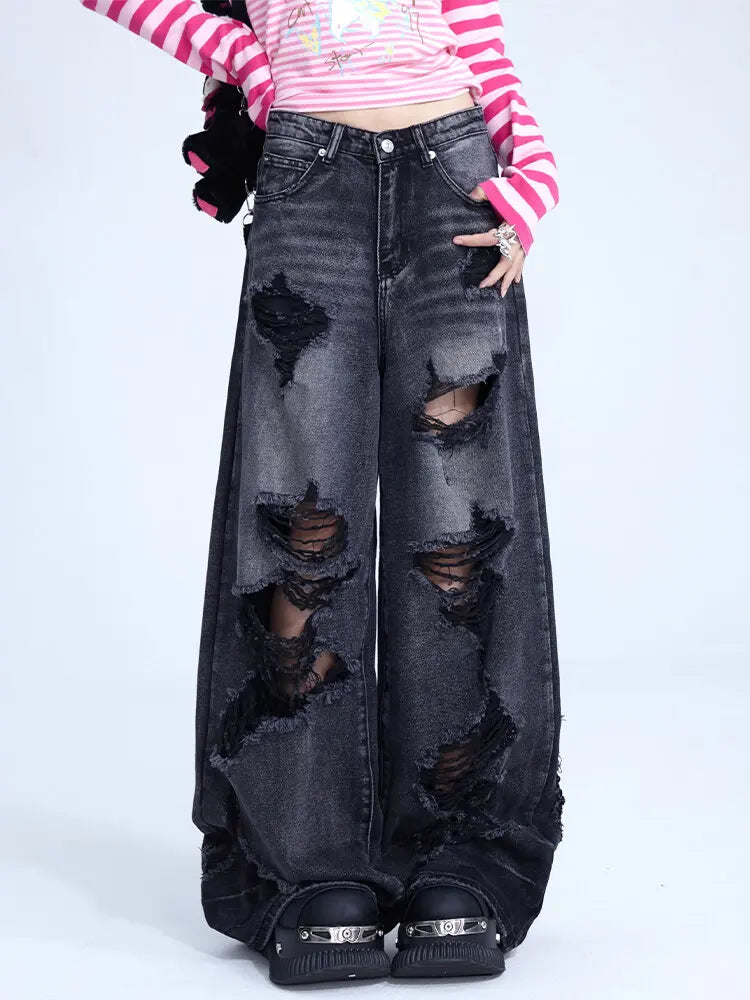 High Waist Ripped Hole Baggy Jeans