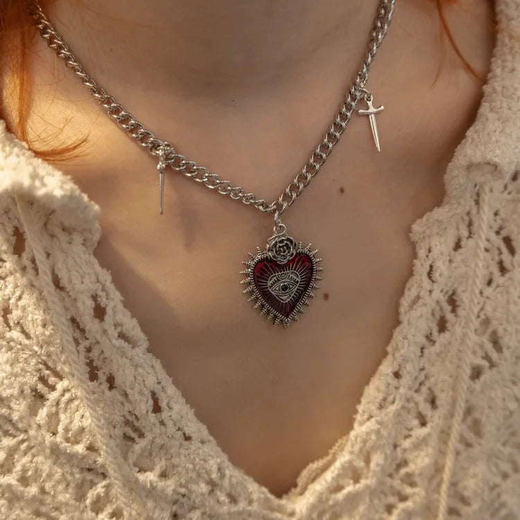 Gothic Peach Heart Cross Pendant Necklace