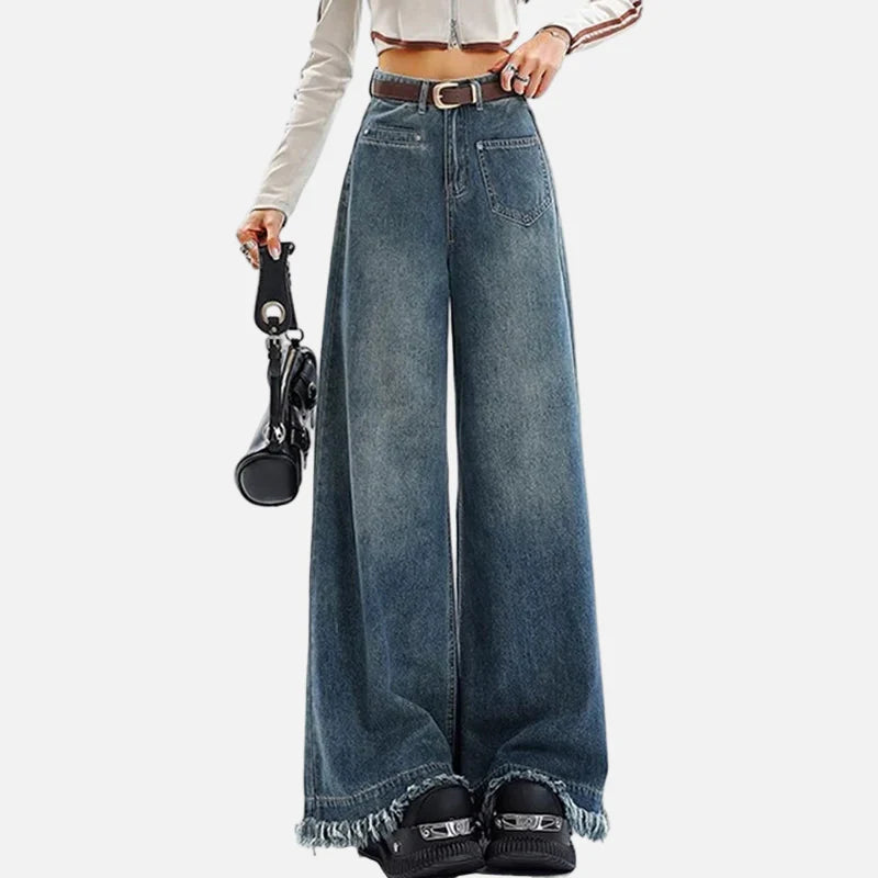 Lockere, hochtaillierte Hip-Hop-Jeans mit weitem Bein