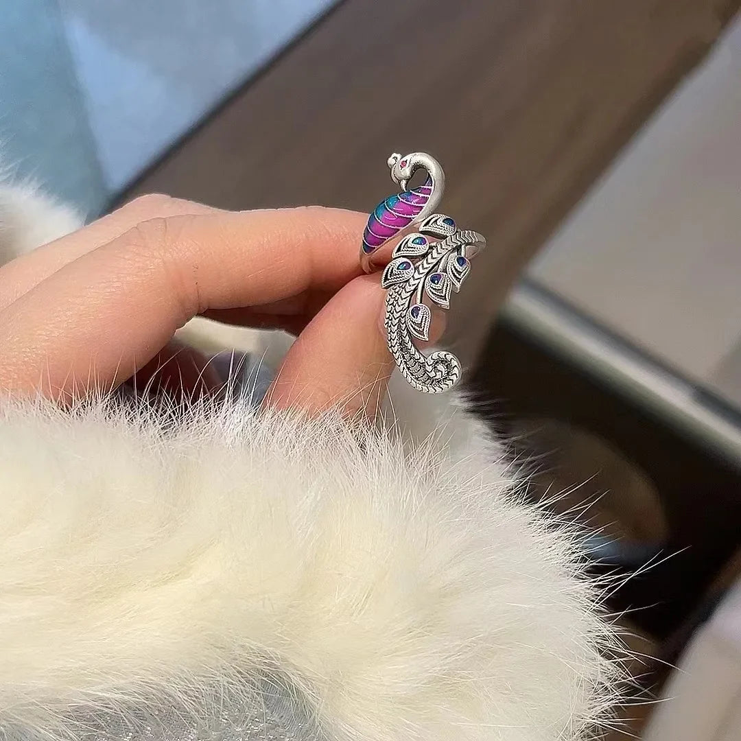 Vintage-Ring aus Sterlingsilber mit Pfauenfedermotiv für Damen
