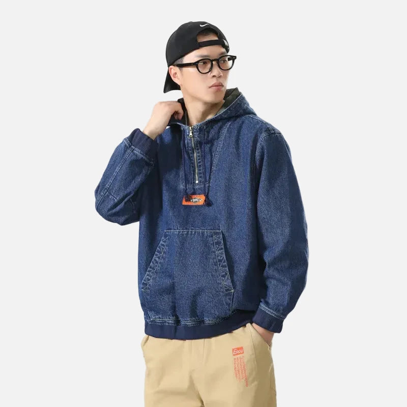 Streetwear Casual Loose Half Zipper Denim Hoodie