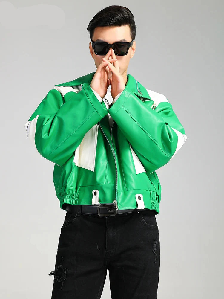Coole grüne Block-PU-Lederjacke