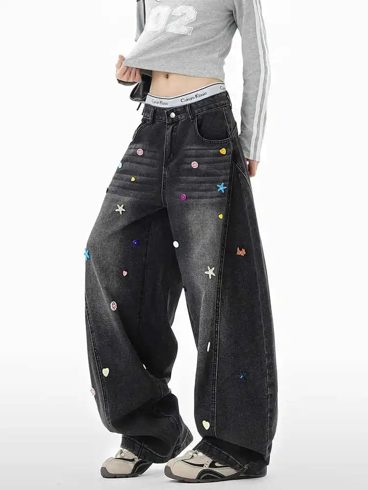 Stylish Star Embellished Curved Wide Leg Jeans