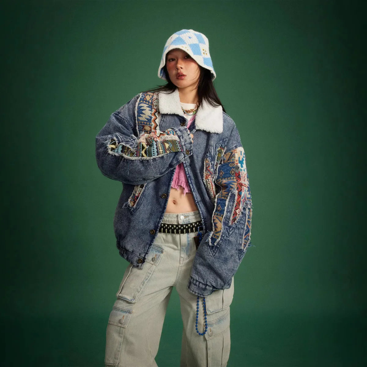 Dicke Y2K-Winter-Patchwork-Jeansjacke