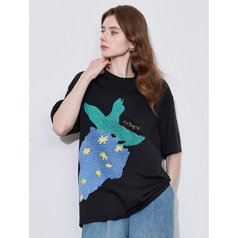 Gestreiftes Damen-T-Shirt mit Erdbeerstickerei