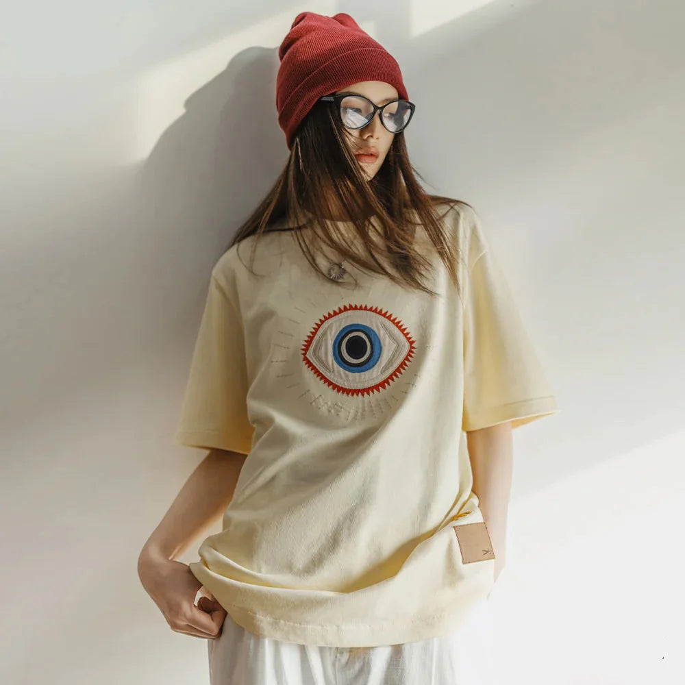 T-shirt beige brodé vintage ample