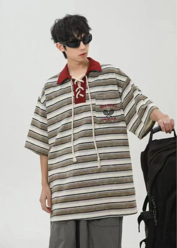 Vintage-Poloshirt mit Streifenmuster und Schnürung