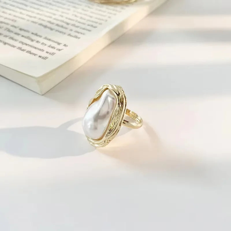 Geometric Imitation Pearl Gold Plated Ring