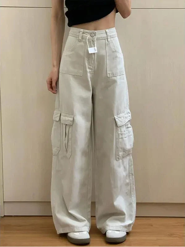 Coole Streetwear Beige High Waist Cargo Jeans