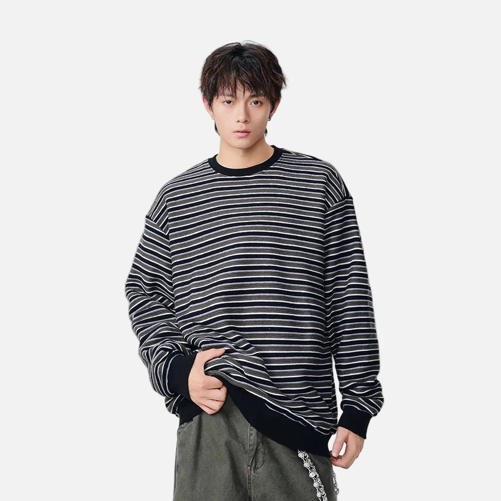 Y2K-gestreiftes Oversize-Sweatshirt mit Rundhalsausschnitt