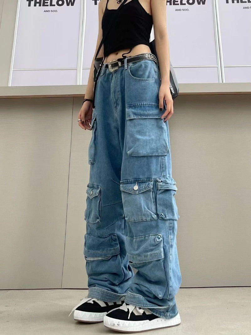 Pantalon cargo bleu délavé multipoches