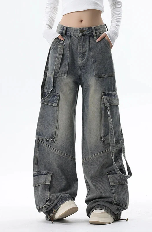 Damen Graue High Waist Weites Bein Blaue Baggy Jeans