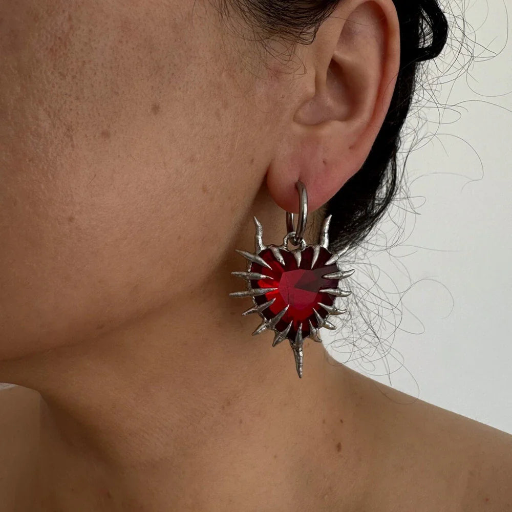 Edgy Red Spiky Heart Dangle Earring