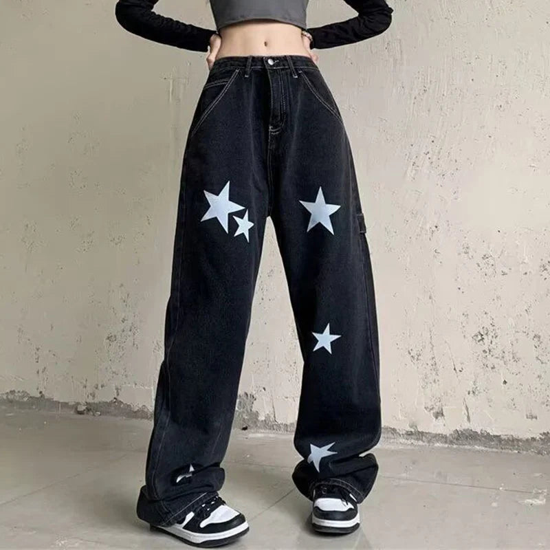 Y2K Sternenmuster-Patchwork-Jeans mit weitem Bein