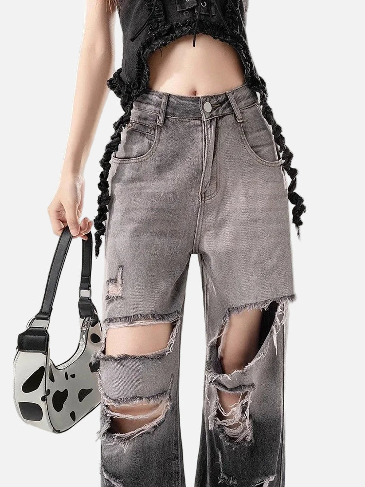 Modische, zerrissene High-Waist-Jeans mit Farbverlauf