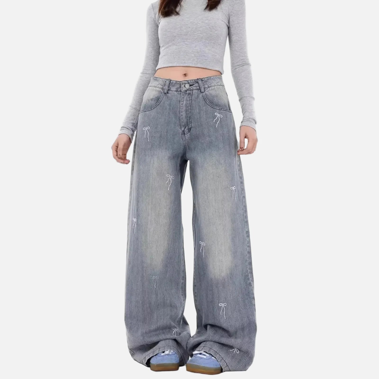 Bestickte Jeans mit Schleife, lockerer Weitbein-Stil