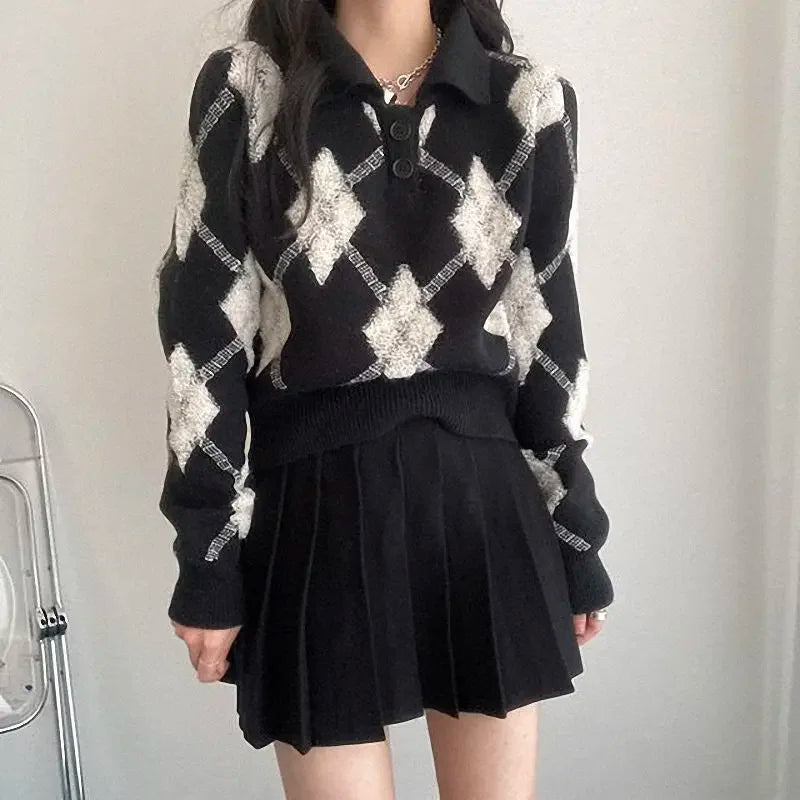 Vintage Ulzzang Pullover mit Umlegekragen