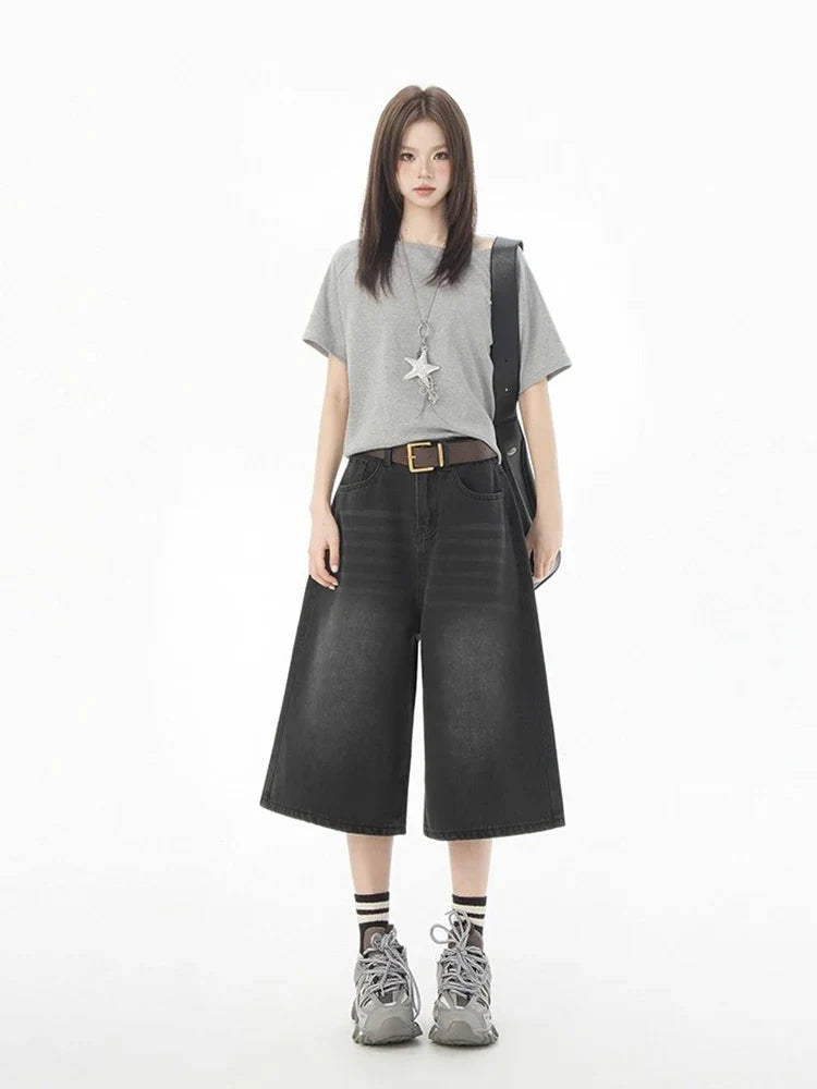 Short en jean noir à jambes larges pour femme, style décontracté chic