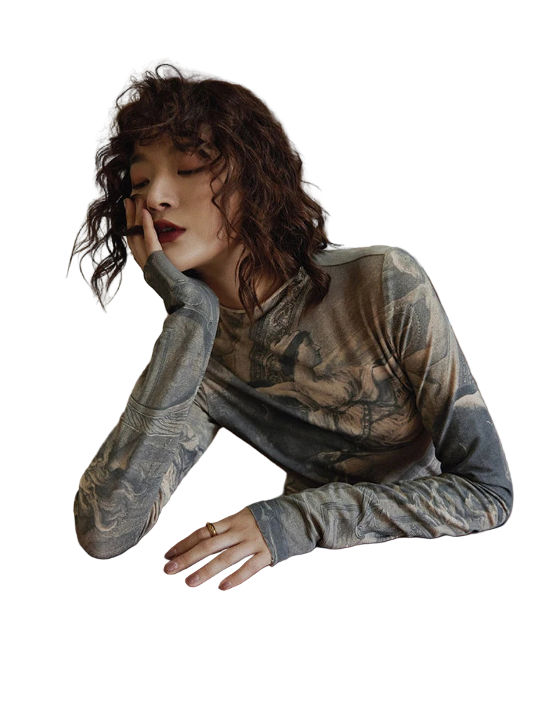 Renaissance Print Vintage Turtleneck Top