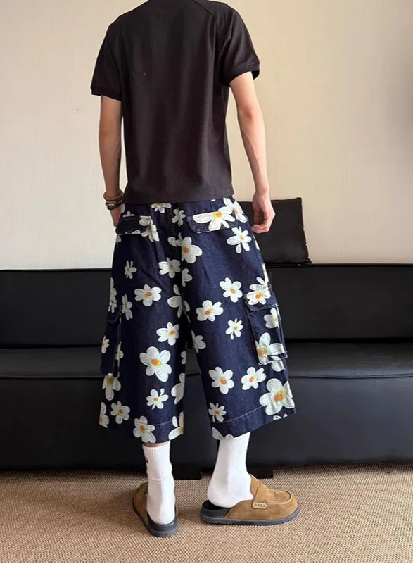 Vintage Jeansshorts mit lockerem Schnitt und Blumen-Gänseblümchenmuster