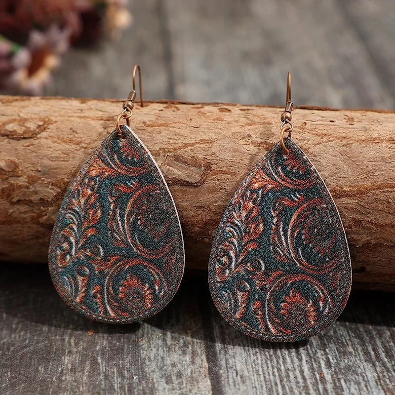 Retro Tan Leather Carved Dangle Earring