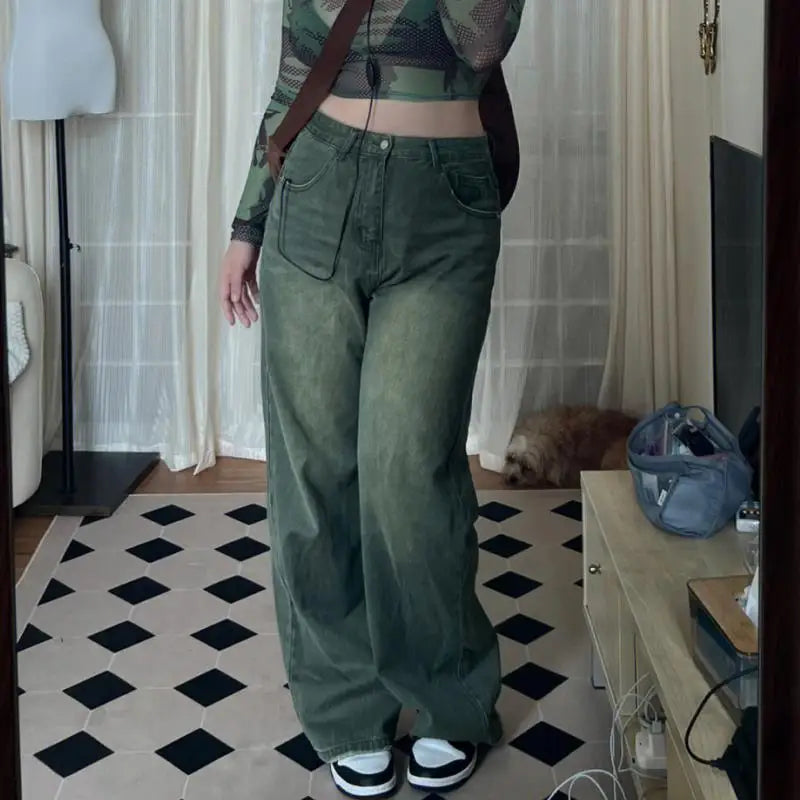Streetwear Cool Green high waist retro jeans