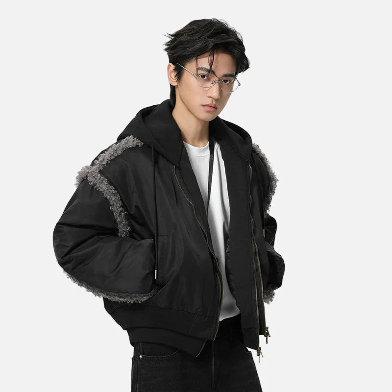 Stylische Baseballjacke mit Kapuze und Fransen im Patchwork-Stil