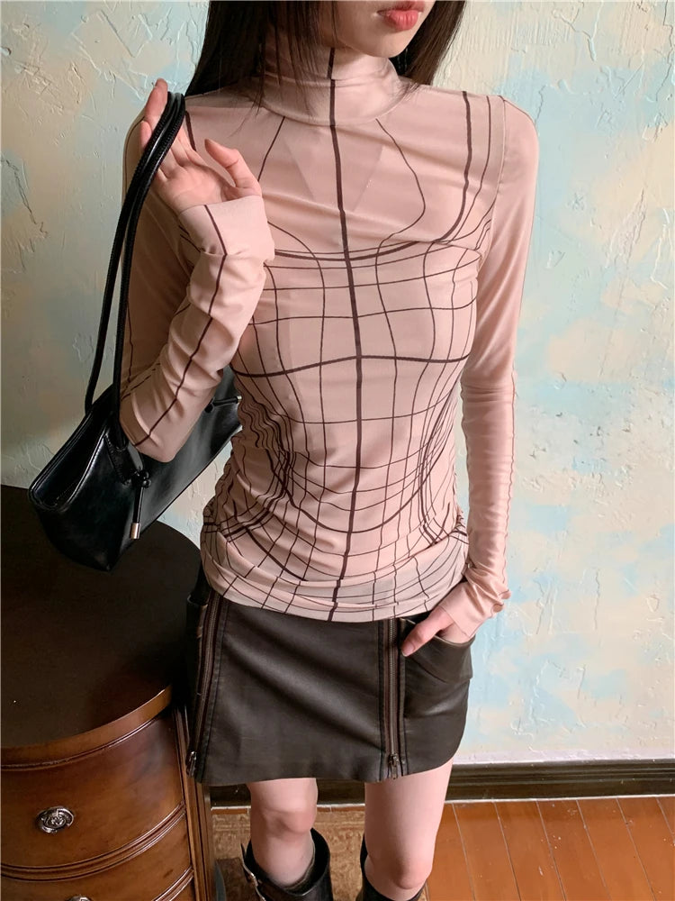 Designer Mesh Long Sleeve Turtleneck Top