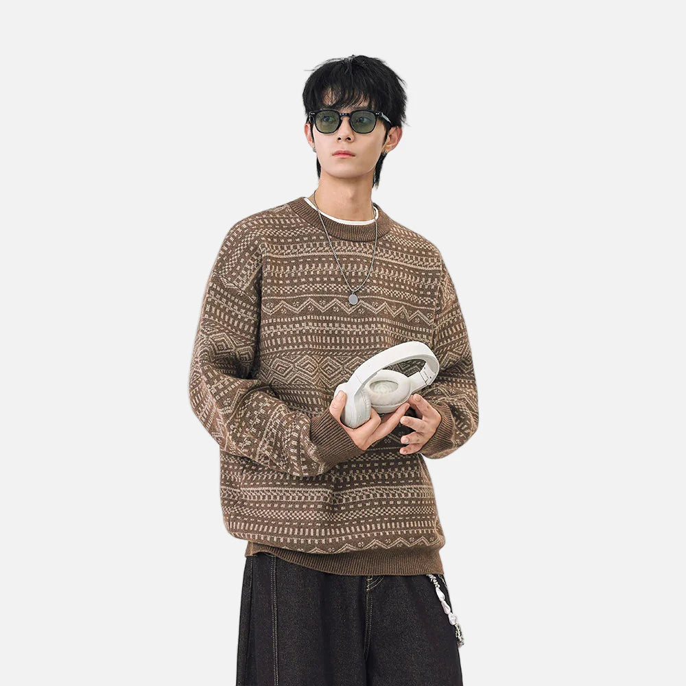 Y2K Plüsch-Strickpullover im Ethno-Stil mit Rundhalsausschnitt