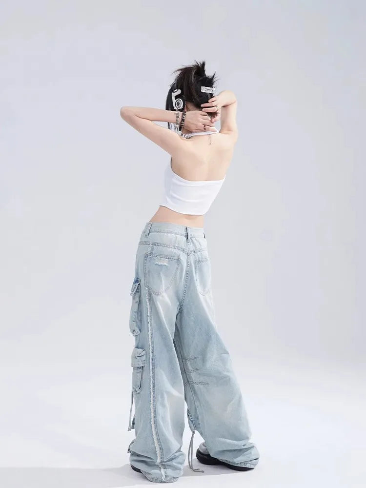 Jean cargo vintage haut de gamme à jambes larges
