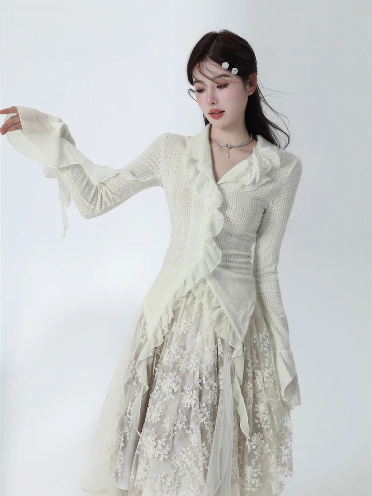 White Ruffles Flare Sleeve Women’s Sweater Cardigan