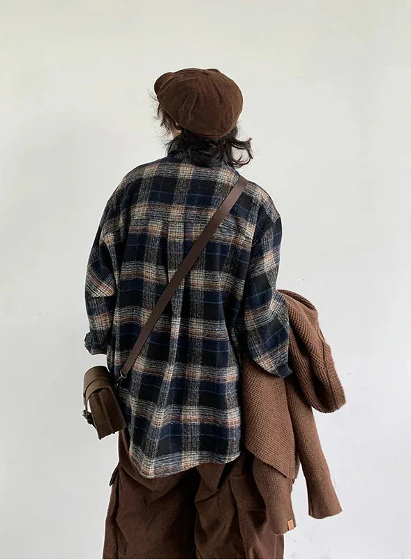 Chemise à carreaux confortable en laine à manches longues Y2K
