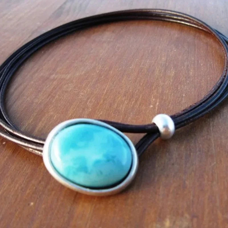 Bohemian Vintage Oval Stone Leather Necklace