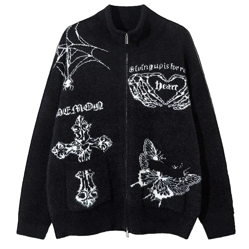 Y2K Knitted Butterfly Double Zip Up Sweater