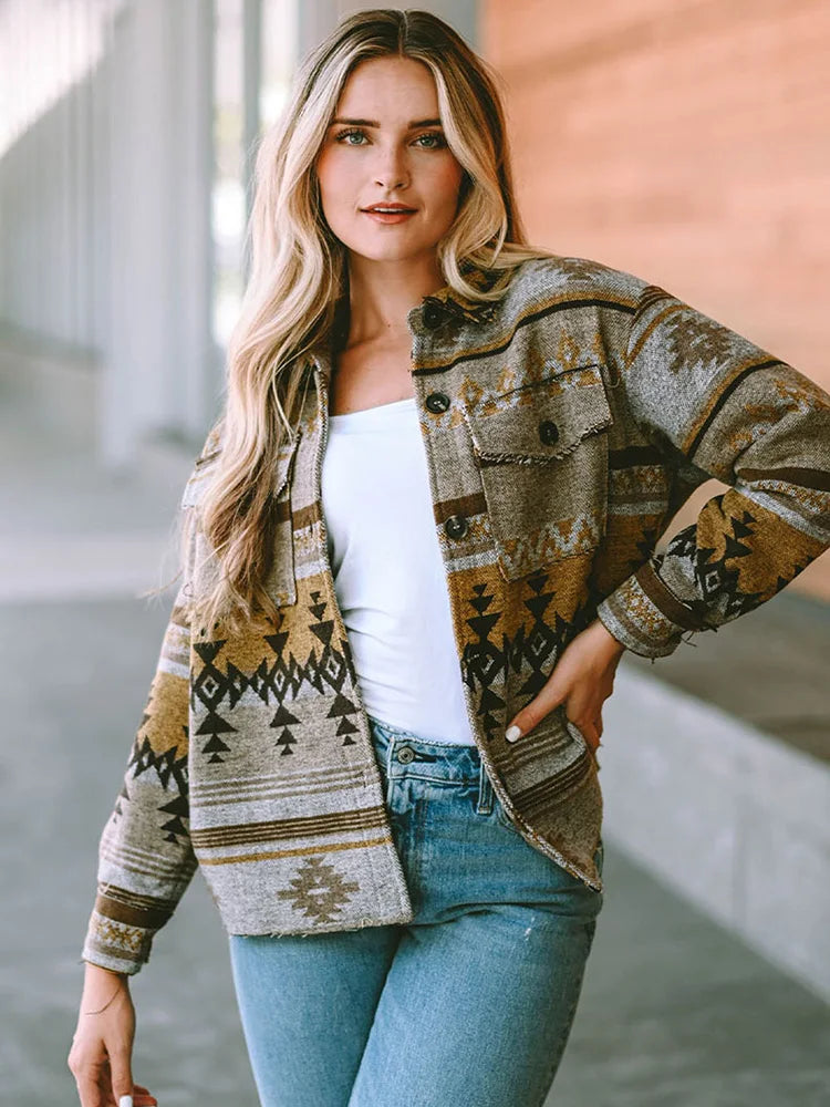 blouson aviateur western marron à imprimé aztèque