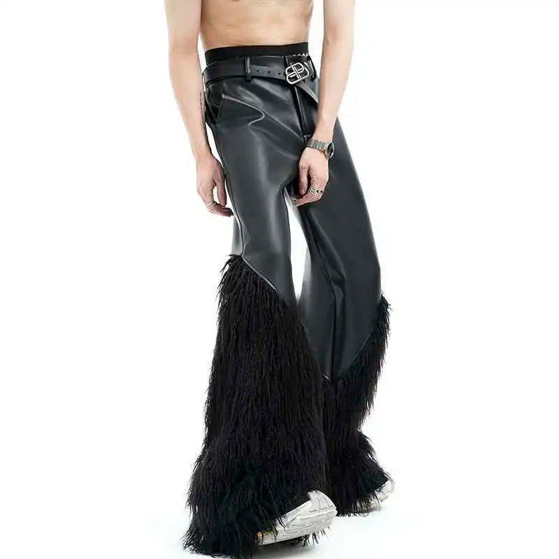 Pantalon en cuir à jambes larges patchwork tendance