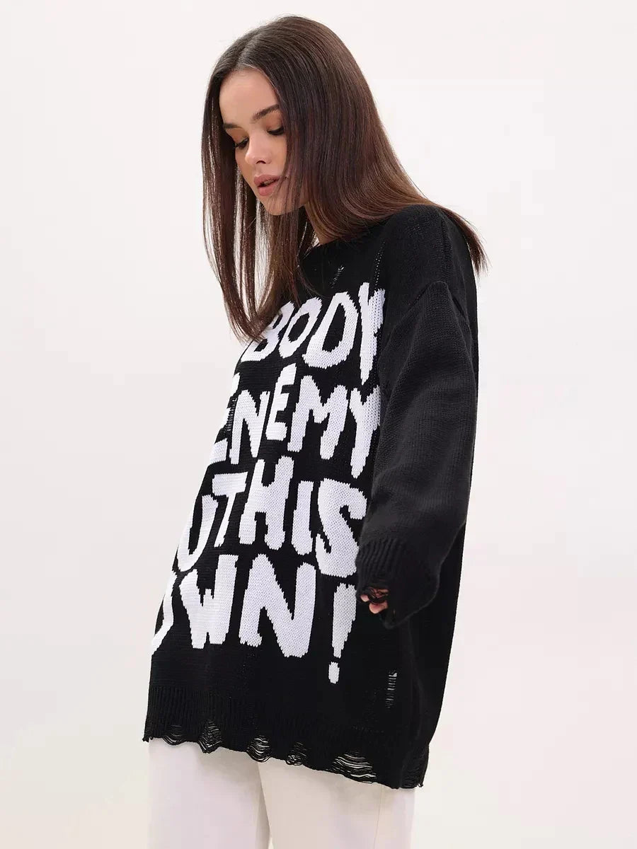 Pull rétro oversize à imprimé lettres pour femme