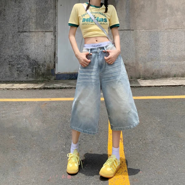Retro-Jeansshorts mit weitem Bein