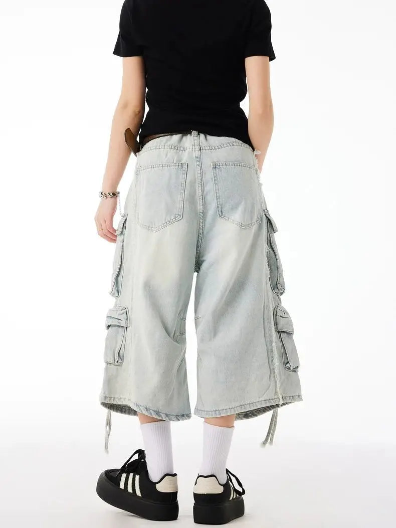 Short en jean ample vintage délavé, longueur mollet