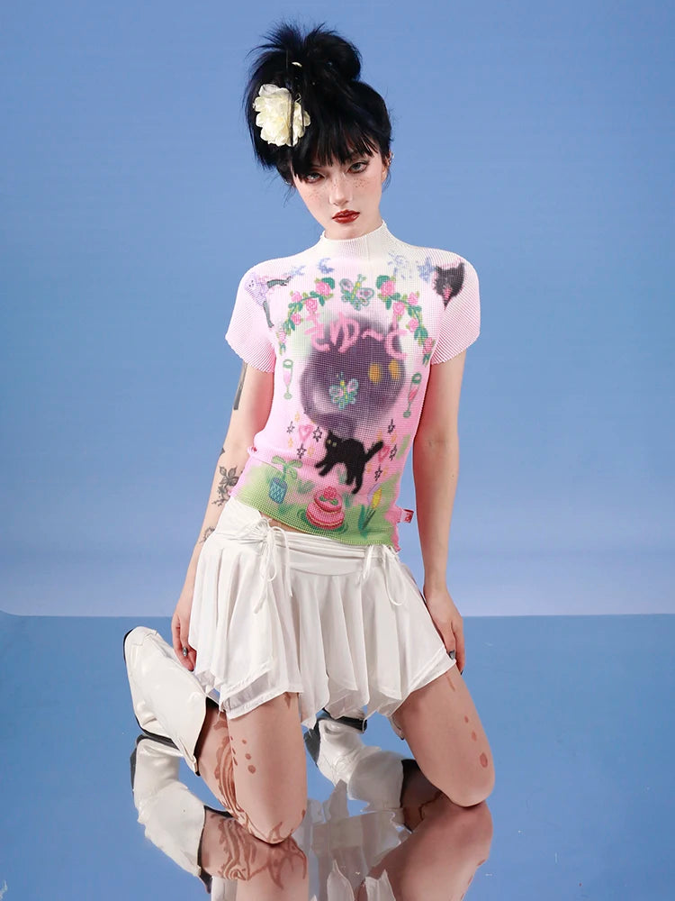 Y2K Graffiti Cat Pleated Crop Top