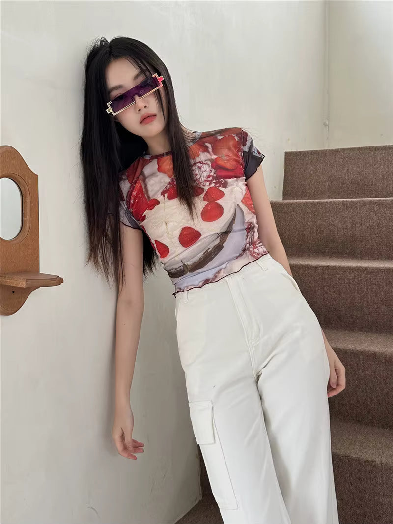 Y2K Fruit Graphic Mesh Crop Damen-T-Shirt