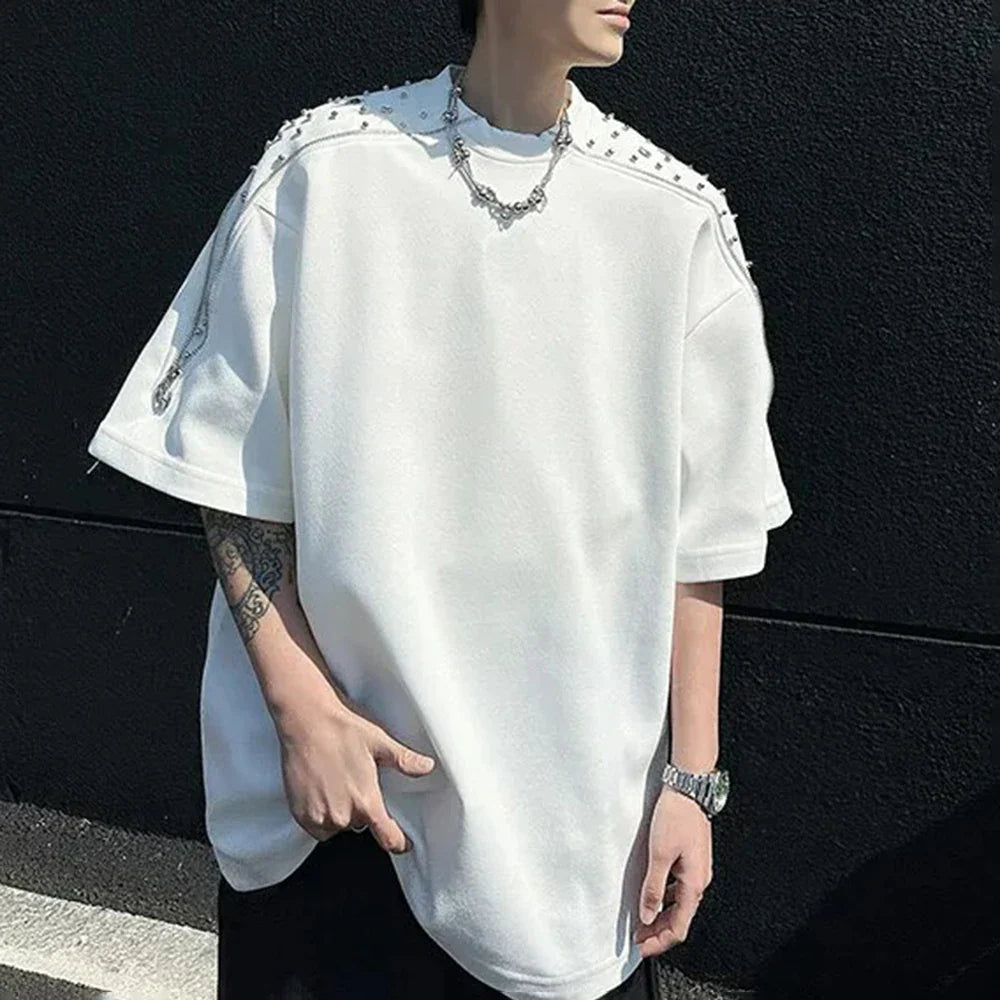 T-shirt à épaulettes zippées et strass, orné de perles et de strass