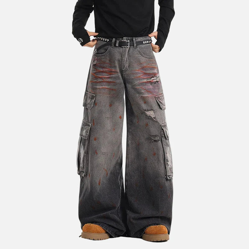 Jean cargo en denim à effet éclaboussures d'encre style américain