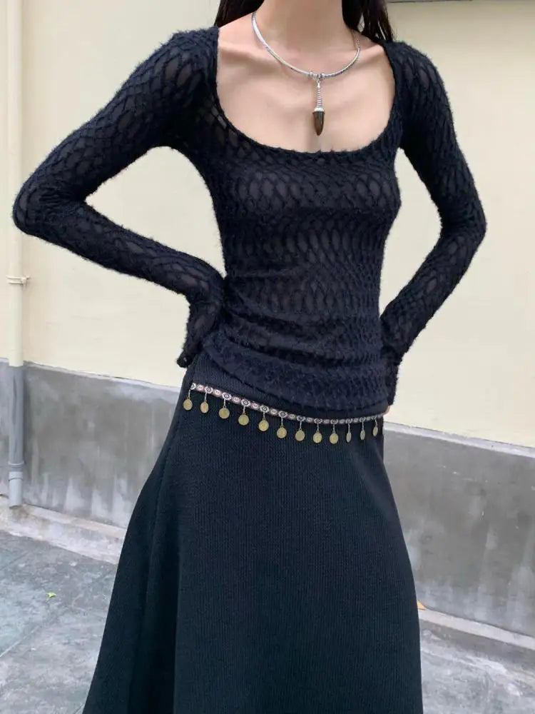 Yedinas Gothic Schwarzes Transparentes Langes T-Shirt