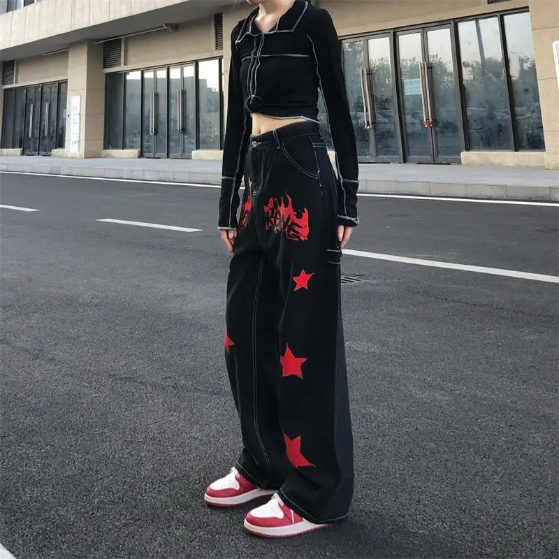 Jeans vintage hip-hop à étoiles rouges peintes