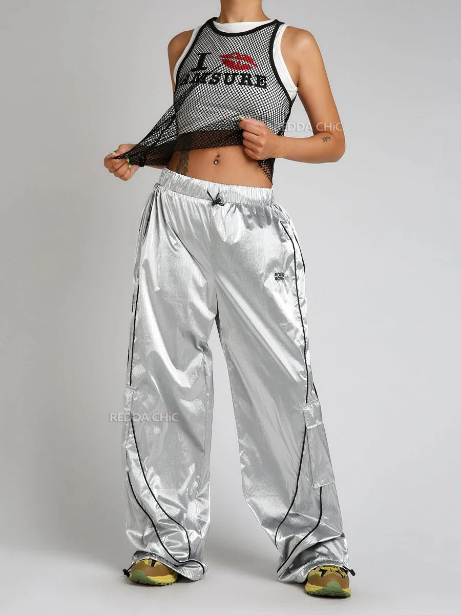 Vintage silbermetallic Fallschirmlederhose