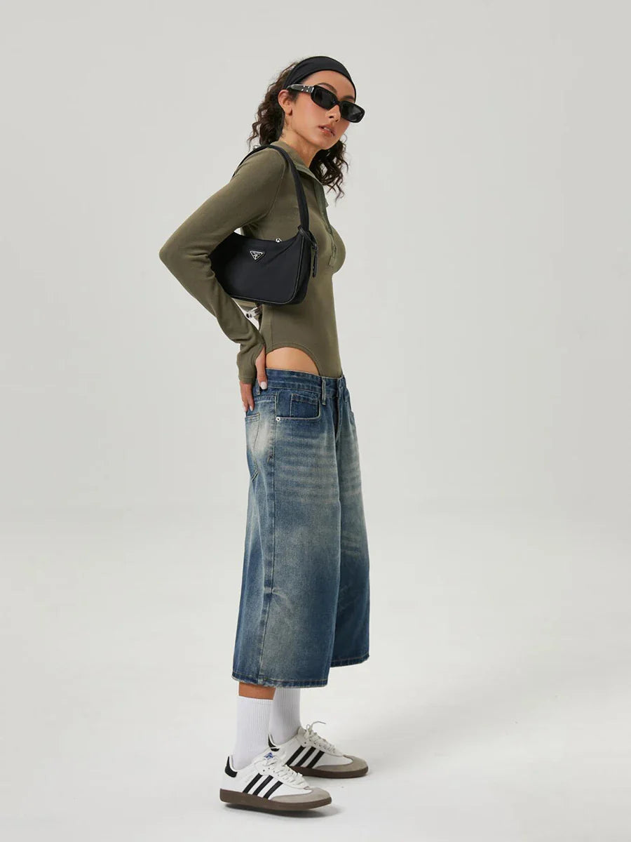 Short en jean rétro délavé à jambes larges