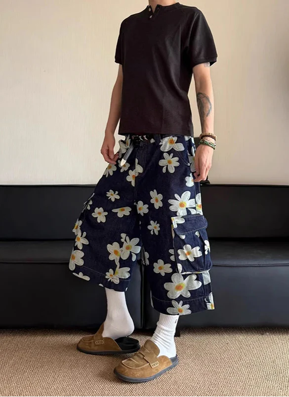 Vintage Jeansshorts mit lockerem Schnitt und Blumen-Gänseblümchenmuster