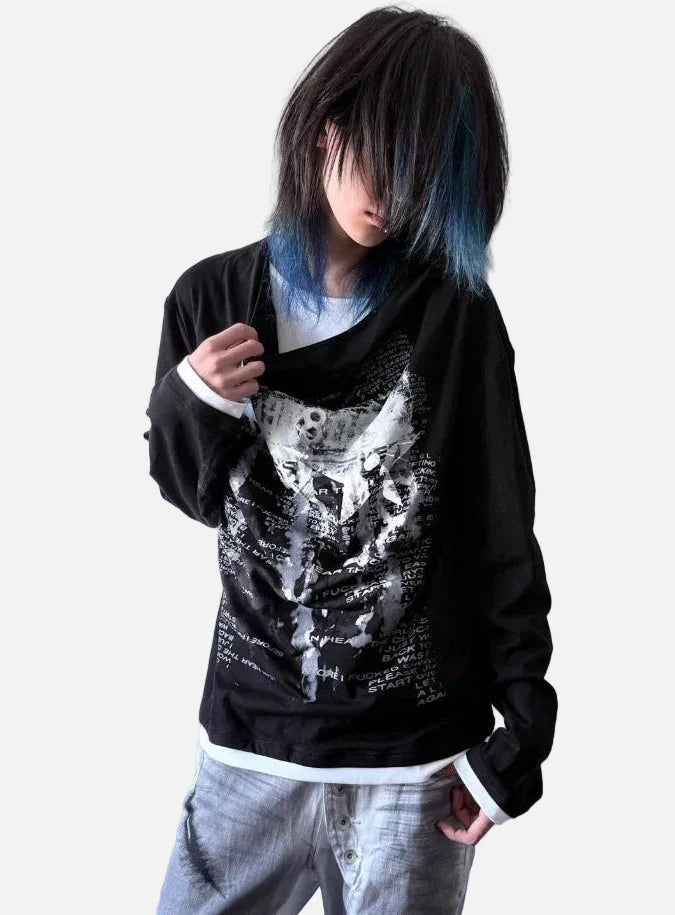 Vintage Patchwork Fake Two Piece Langarm-T-Shirt