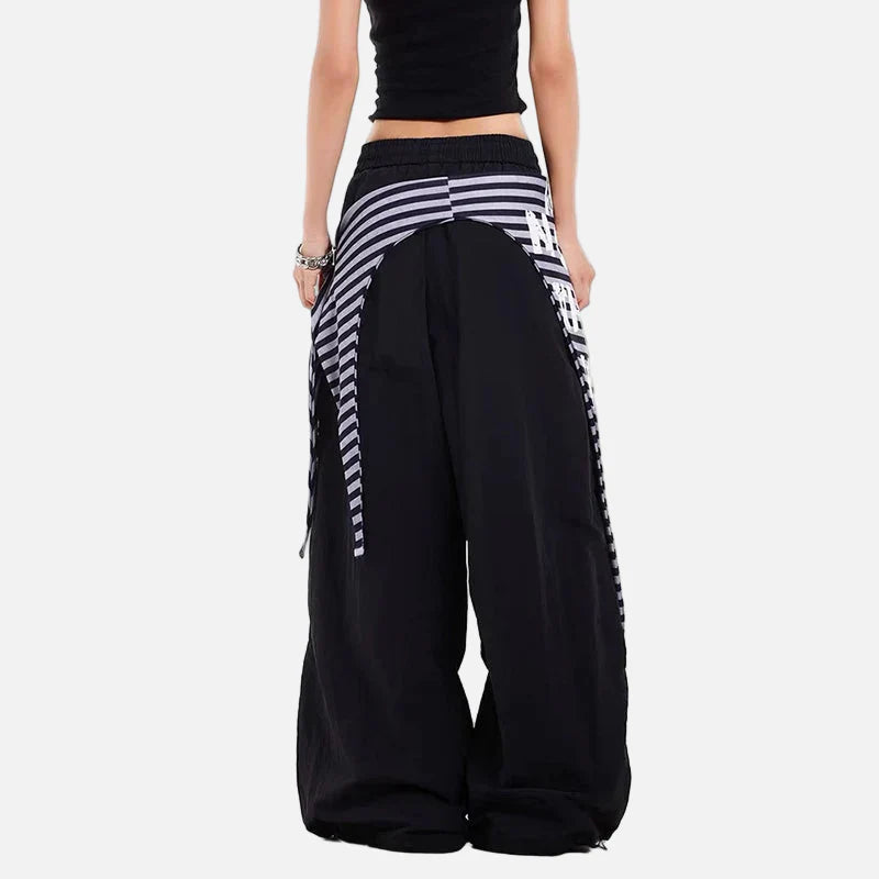 Schwarze Y2K Oversize-Wickelhose im japanischen Stil mit weitem Bein